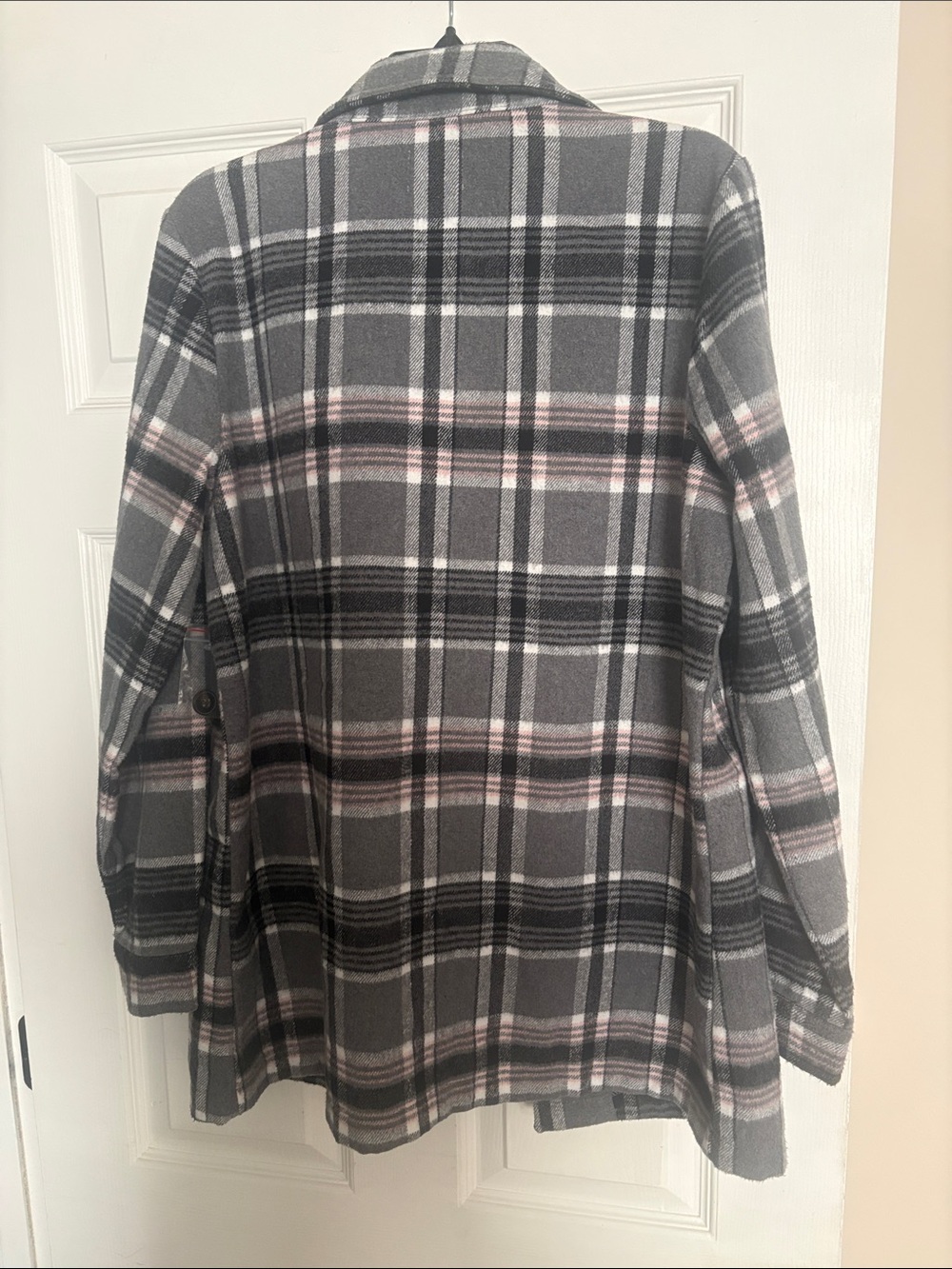 Gray Plaid Pea Coat with Pink Stripe - Picture 2 of 2